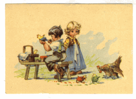 Salač - Děti a slepice s kuřaty (pohled)