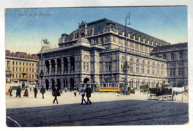 Wien - k. k. Hofoper - tramvaj, kočár (pohled)