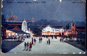 Pozdrav z Jubilejní výstavy v Praze 1908 - Opičí náměstí (pohled)