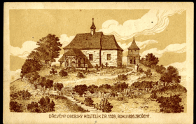 Orebský dřevěný kostelík z r. 1528, roku 1826 zbořený - Třebechovice (pohled)