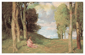 Dívka sedící mezi stromy (pohled)