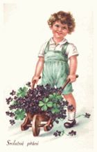 Srdečné přání - chlapec s fialkami v trakářku (pohled)