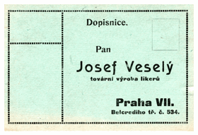Josef Veselý - tovární výroba likérů - korespondenční lístek (pohled)