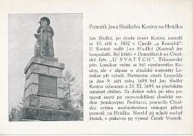 Pomník Jana Sladkého Koziny na Hrádku (pohled)