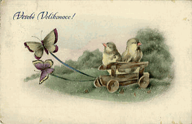 Veselé velikonoce - Motýlci táhnou vozík (pohled)