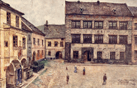 Prachatice - část náměstí se starou radnicí (pohled)