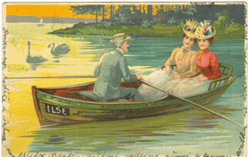 Dámy v kloboucích s mužem na loďce (pohled)