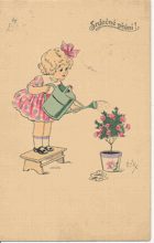 Srdečné přání - holčička zalévá květinu (pohled)