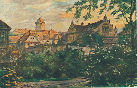 Výhled z lázeňského sadu poděbradského na zámek krále Jiřího (pohled)
