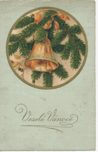 Veselé vánoce - zvoneček ve smrkové větvičce (pohled)