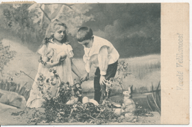 Veselé velikonoce - holčička s vajíčkem (pohled)