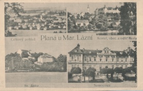 Celkový pohled - Planá u Mar. Lázní - Kostel, obec a měšt. škola (pohled)