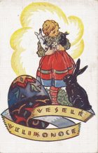 Veselé velikonoce - holčička a zajíci (pohled)