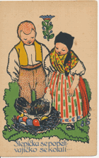 Veselé velikonoce - slepička se popelí, vajíčko se kotalí... (pohled)
