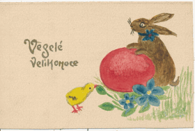 Veselé velikonoce - zajíček a kuřátko (pohled)
