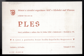 Pozvánka - Ples Místní a závodní organisace KSČ v Hluboké nad Vltavou (pohled)