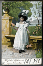 Děvče s kloboukem u lavičky (pohled)