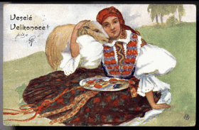 Veselé velikonoce, dívka s ovečkou (pohled)