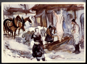 Česká zima - Zabíjačka, akvarel (pohled)