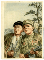 Dva chlapci - voják a prtyzán (pohled)